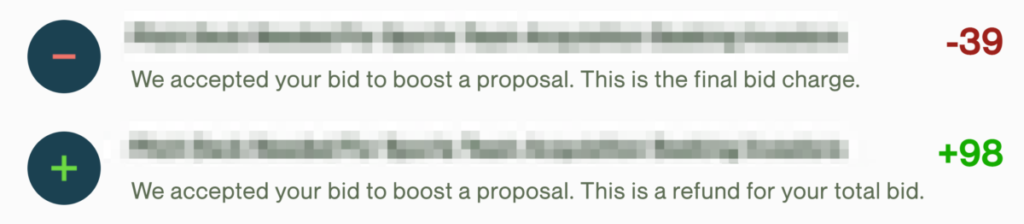 Screenshot of Upwork Connects balance with refunded connects after a boosted proposal