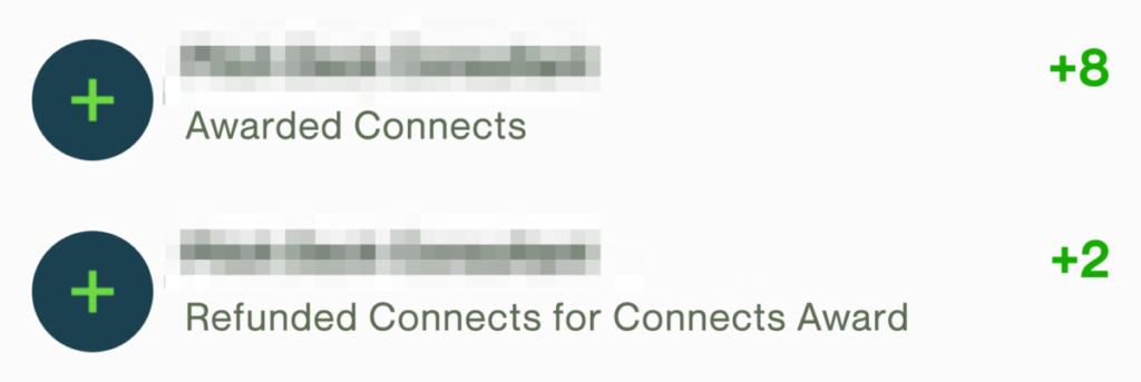 Screenshot of Upwork Connects History showing 2 connects refunded and 8 connects awarded after interview by an established Upwork client