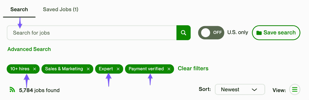 Screenshot of Upwork.com job search with the highest client filters applied: 10+ hires, Expert level Upwork freelance jobs, Payment verified clients. This can help create an awesome Upwork profile.