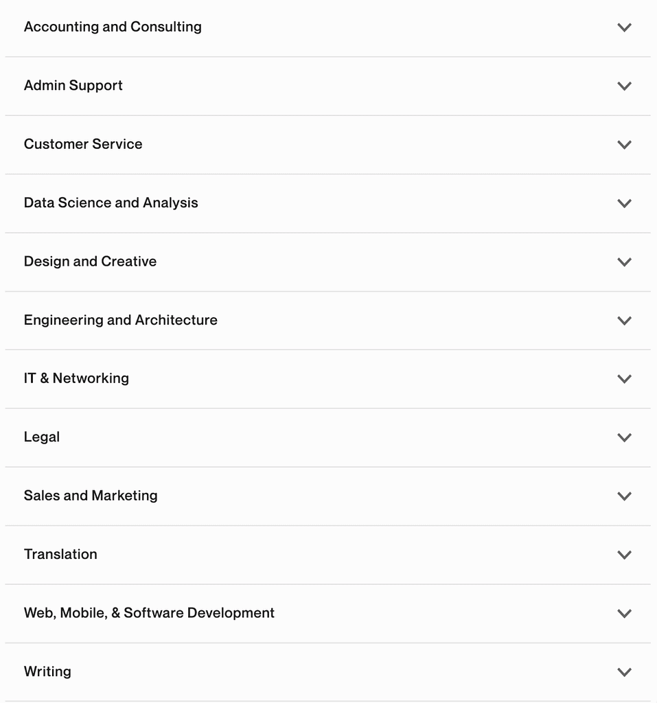 Screenshot of all Upwork job categories