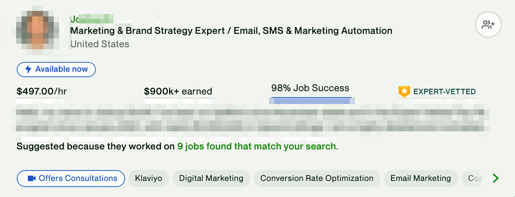 Screenshot of Upwork freelancer's profile with over $900,000 earnings and $500 hourly rate