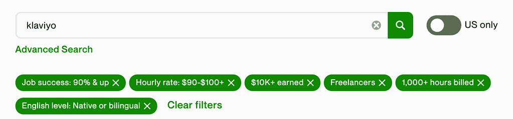 Screenshot of Upwork talent search function, with multiple filters applied to target the highest-earning freelancers.