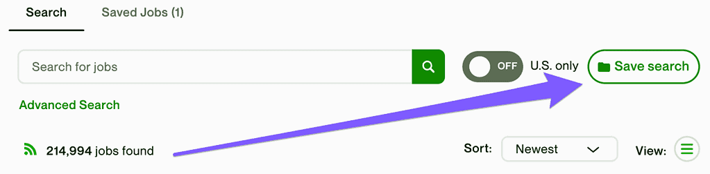 Screenshot showing Saved Search feature on Upwork freelance job search