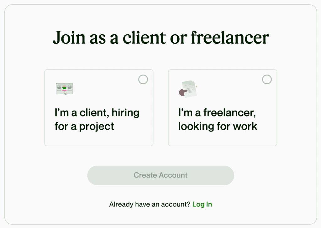 Screenshot of signup screen for how to freelance on freelancer platform Upwork.com