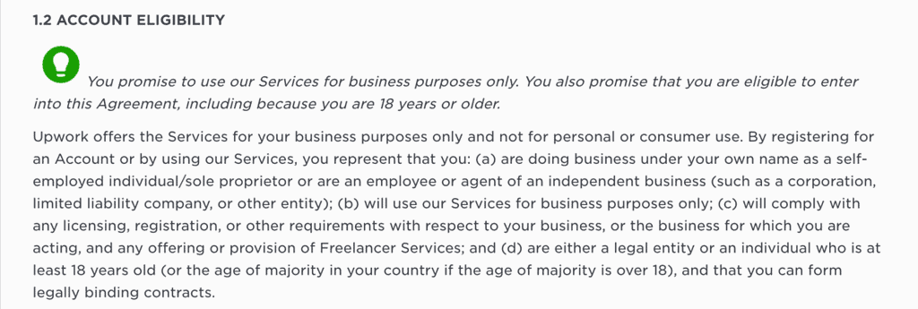 Screenshot from Upwork Terms & Conditions showing Account Eligibility guidelines and who is old enough to freelance