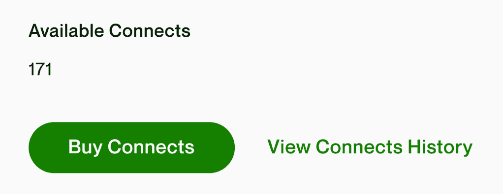 A screenshot showing 171 available Upwork connects, the "Buy Connects" button, and View Connects History.