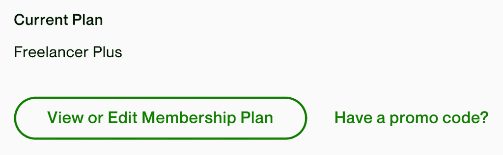 A screenshot showing the Upwork Freelancer Plus plan as the current membership plan, View or Edit Membership Plan button, and Promo Code feature on Upwork.