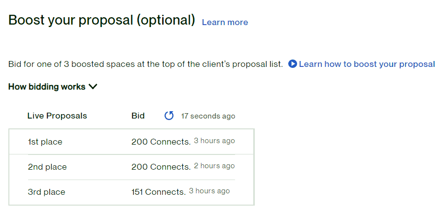 Screenshot of Upwork's Boost Your Proposal feature, in which freelancers used over 550 connects in total to boost their proposal