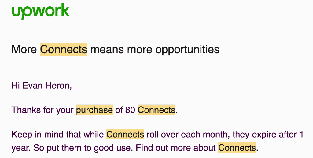 Screenshot of an email from Upwork about purchasing 80 Upwork connects