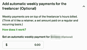 Screenshot da Upwork.com che mostra l'opzione di pagamenti settimanali automatici, simile a un fermo ricorrente, un metodo alternativo per come vengono pagati i liberi professionisti su Upwork