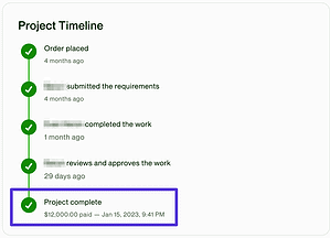Screenshot from an Upwork Project Catalog project showing earnings are only released upon completion of the job.