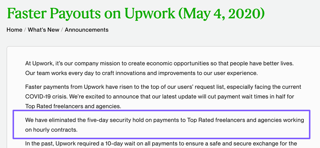 Screenshot from Upwork.com showing that Top Rated freelancers and agencies on hourly contracts will be subject to a five day hold period, rather than the typical ten day security hold period.