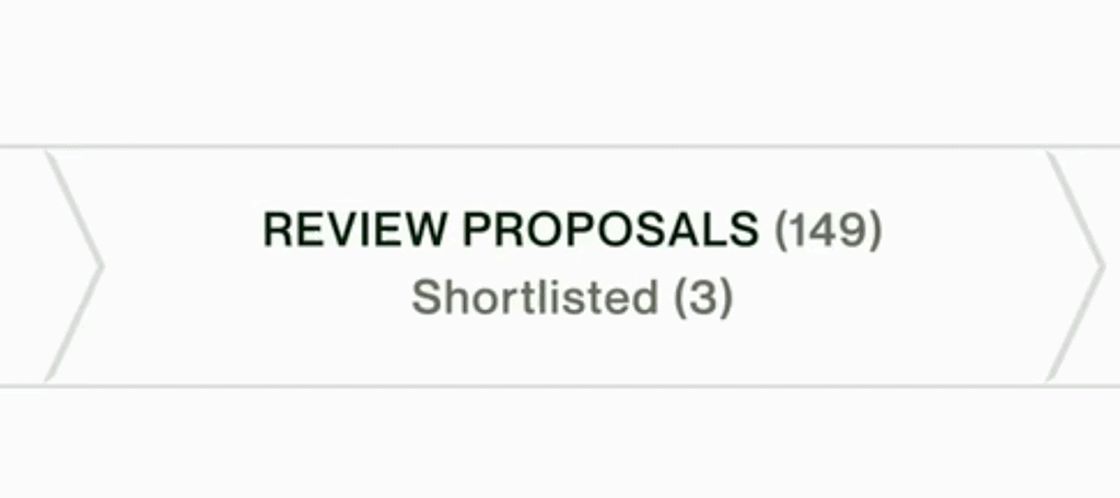 Screenshot from Upwork client's dashboard of an Upwork job post that received 149 Upwork proposals, with 3 Upwork freelancers shortlisted.