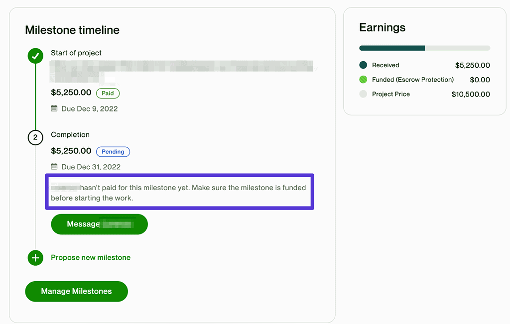 Στιγμιότυπο οθόνης από συμβόλαιο Upwork που παρουσιάζει ένα αδρανές ορόσημο σε σύμβαση σταθερής τιμής, όπου η μεσεγγύηση Upwork δεν έχει χρηματοδοτηθεί