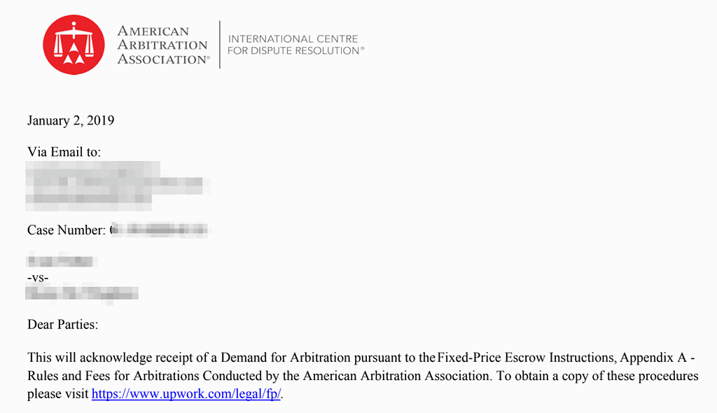 Screenshot of an Upwork arbitration initiation letter. This is what you receive when you proceed past dispute in Upwork fixed-price jobs