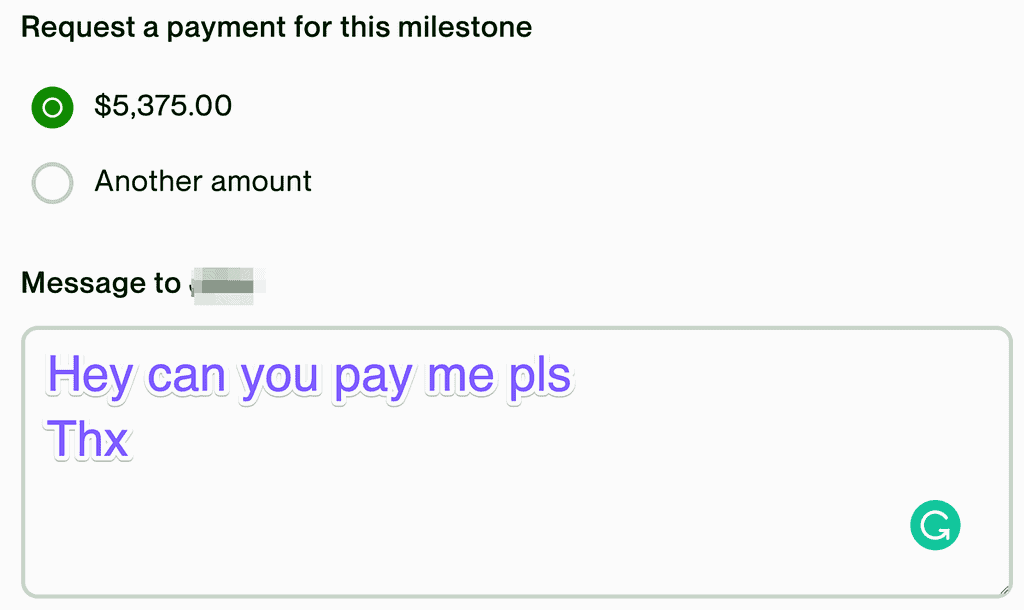 Screenshot of bad text to write when submitting payment requests for Upwork fixed-price jobs