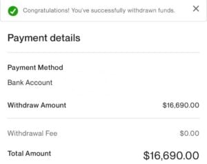 Screenshot from Upwork showing a successful payment withdrawal of $16,690.00