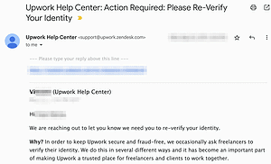 Screenshot of an Upwork identity verification email, where Upwork Support has requested an immediate identity re-verification