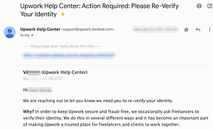 Screenshot di un'e-mail di verifica dell'identità upwork, in cui il supporto upwork ha richiesto una rettificazione dell'identità immediata