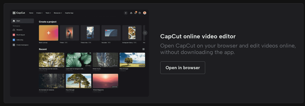 Screenshot of CapCut online video editor