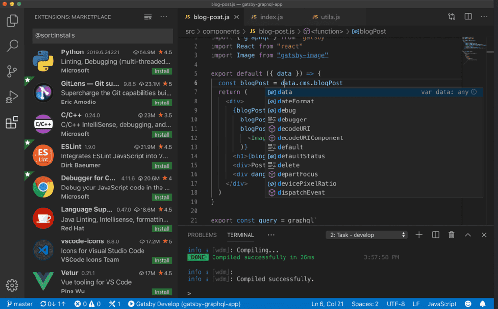 Screenshot of VS Code, a popular free open-source code editor