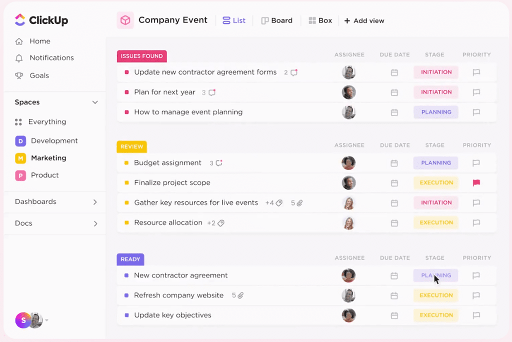 Screenshot of ClickUp project management app