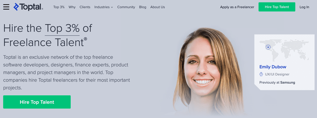 Screenshot of Toptal website, a popular freelance platform for experienced finance and web development professionals