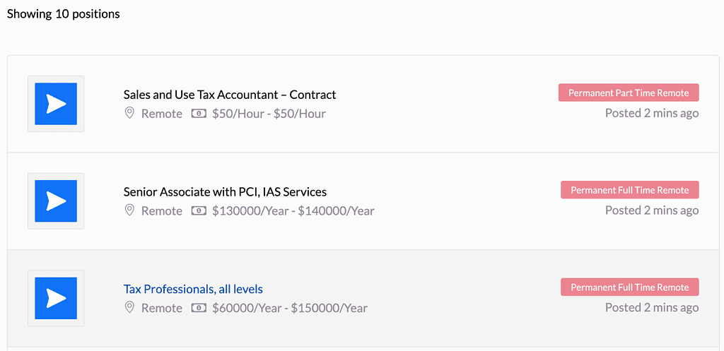 Screenshot of job listings on Accountingfly, one of the leading freelance websites for finance & accounting professionals
