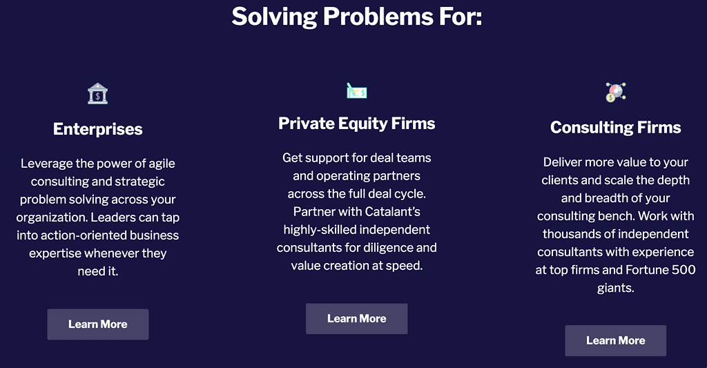 Screenshot from Catalant website, showing key customer groups in Enterprise, Private Equity and Consulting