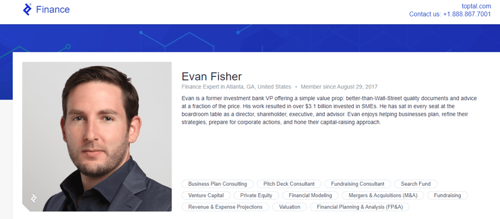 Screenshot of the Toptal profile of Evan Fisher, founder of Freelance MVP