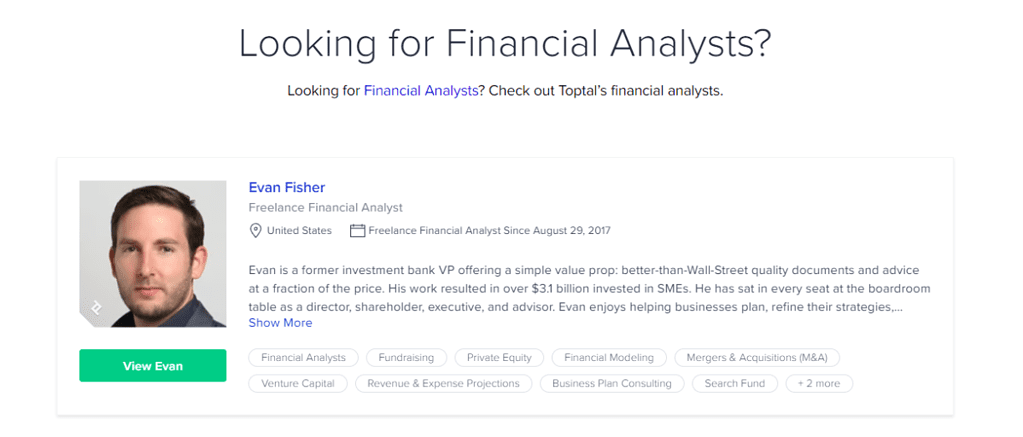 Screenshot of a Toptal finance consultant profile