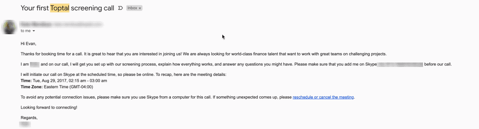 Screenshot of an email regarding the Toptal finance interview screening call
