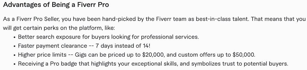 Screenshot from Fiverr's website, detailing the advantages Fiverr Pro accounts have over standard Fiverr sellers