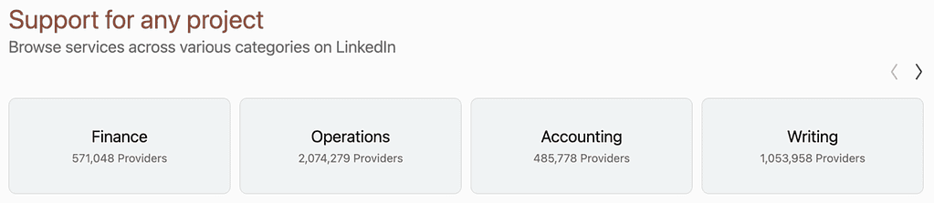 Screenshot of LinkedIn Services Marketplace categories, one of the largest freelance websites for finance professionals