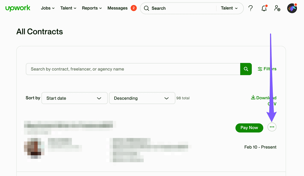 How to End Contract on Upwork as a Client, Step 3: Press the "..." button on the contract you want to end