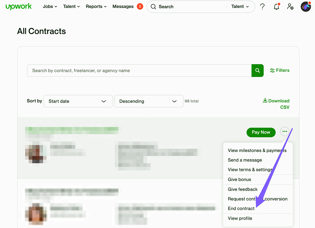 How to End Contract on Upwork as a Client, Step 4: Press End Contract on the "..." button dropdown menu