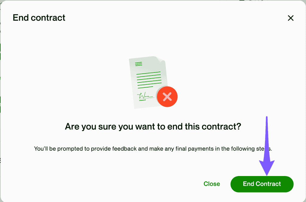 How to End Contract on Upwork as a Client, Step 6: Confirm End Contract by pressing the green button