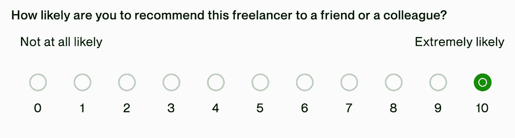 How to End Contract on Upwork as a Client, Step 8: Select 10 on scale of 0 to 10 of how likely you are to recommend this freelancer