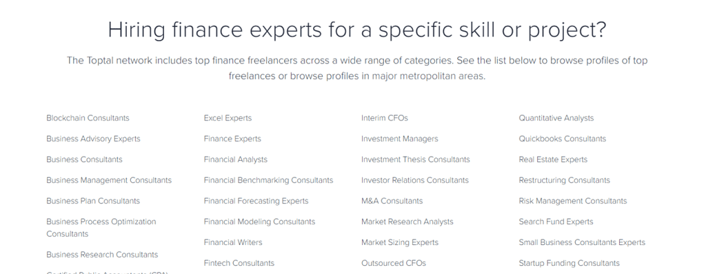 Screenshot from Toptal website including finance consultant specialties and skills