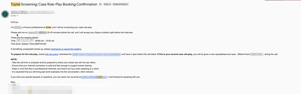 Screenshot of an email regarding the Toptal finance interview case roleplay booking confirmation