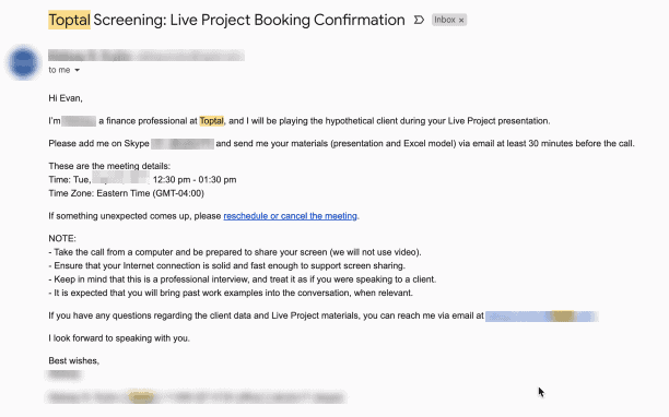 Screenshot of an email regarding the Toptal finance interview live project booking confirmation