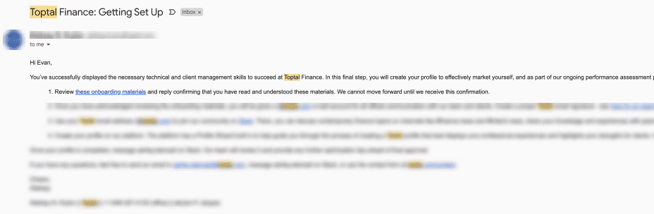 Screenshot of an email regarding successfully passing the Toptal finance interview