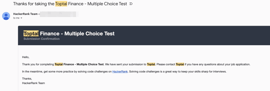Screenshot of an email regarding the Toptal finance interview multiple choice test