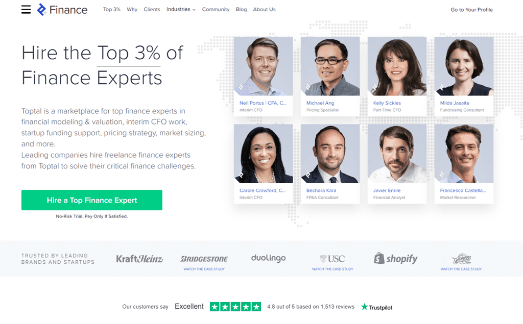 Screenshot of Toptal's finance experts web page