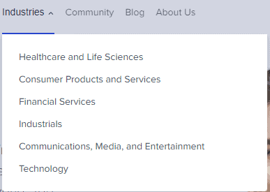 Screenshot from Toptal website showing Toptal key industries: Healthcare and Life Sciences, Consumer Products and Services, Financial Services, Industrials, Communications, Media and Entertainment, and Technology