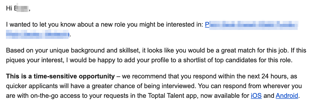 Screenshot of a Toptal invitation to interview for a Toptal finance job, sent via email by Toptal staff
