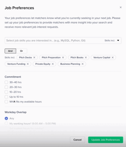 Screenshot from Toptal freelancer platform showing Job Preferences options including skills, time commitment and workday overlap