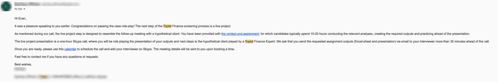 Screenshot of an email regarding the Toptal finance interview live project