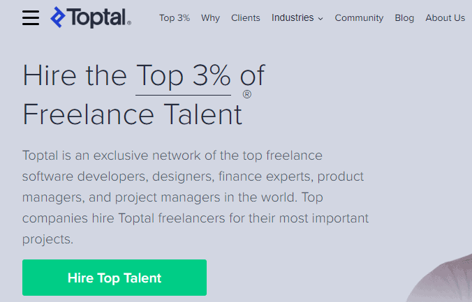 Screenshot from Toptal homepage, focusing on how Toptal hires the Top 3% of freelancers who apply