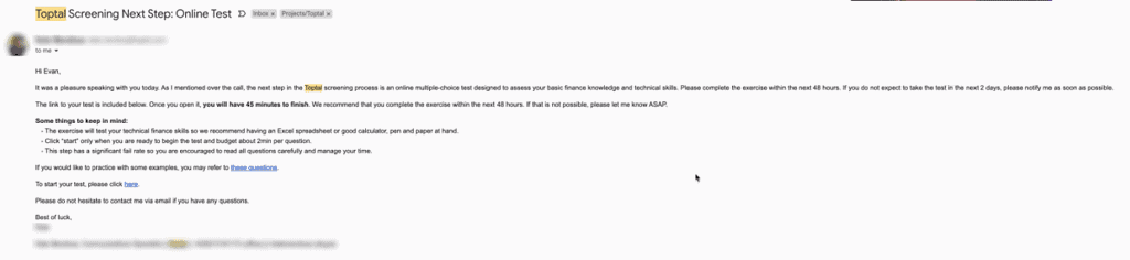 Screenshot of an email regarding the Toptal finance interview screening online test